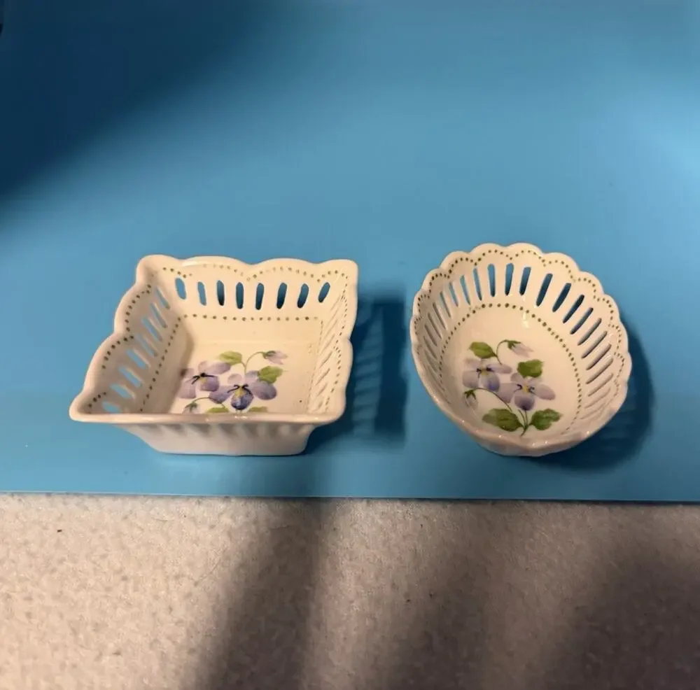 Vintage Sadek Andrea Ceramic Floral Dish Set of 2 White Purple Green for jewelry